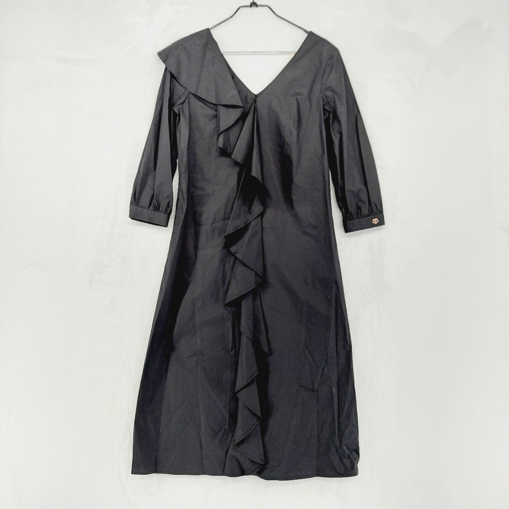 NEW Bohelle Black Cotton Ruffle Front 3/4 Sleeve Midi Dress P595